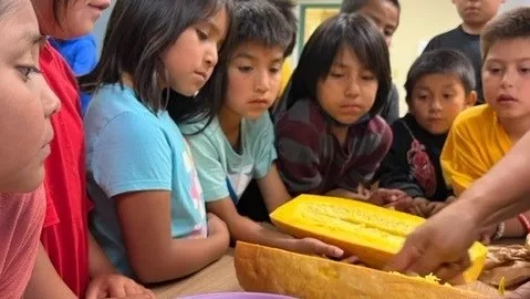 Children gather around a table and learn how to prepare a squash to cook.