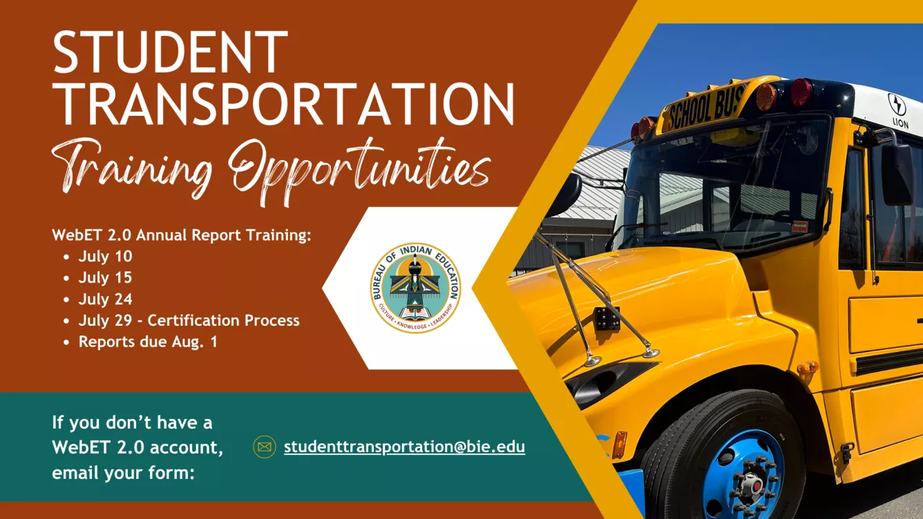 Graphic: Student Transportation Training Opportunity - Web 2.0 Annual Report Training July 10, 15, 24 and 29. Reports due Aug. 1.