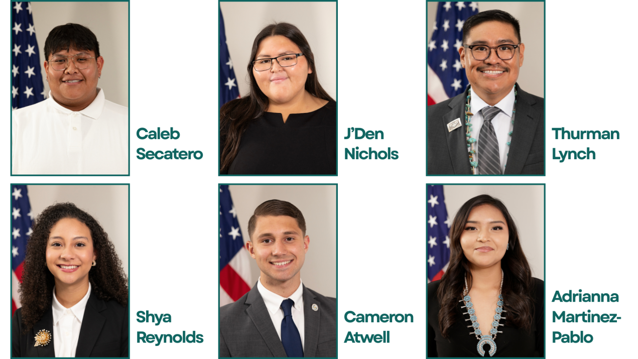 A series of six headshots of professionally dressed young people standing in front of an American flag.