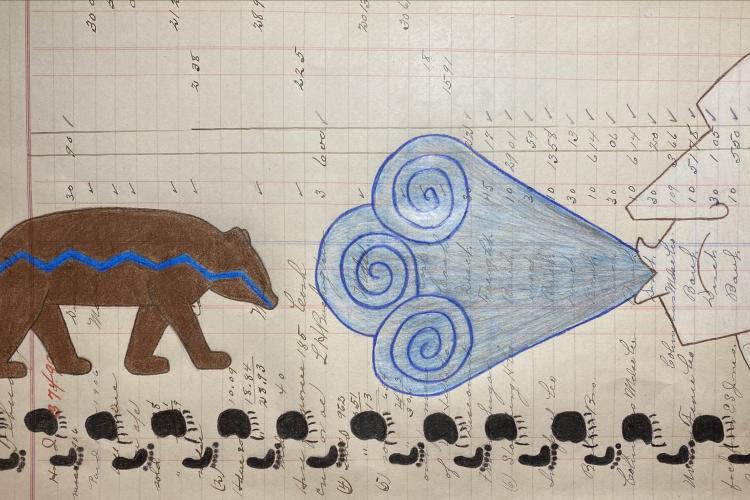 A drawing on a ledger of a profile of a face blowing out blue smoke toward a brown bear facing into the smoke.