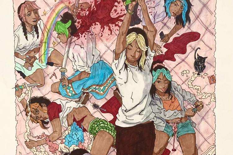 A mixed-media drawing that is a collage of the same young woman in various action poses.