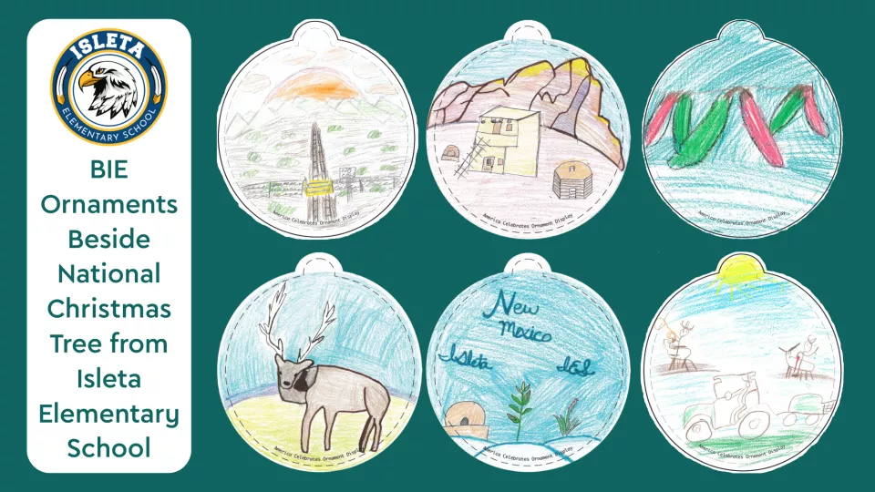Six ornament designs by students that showcase features of New Mexico.