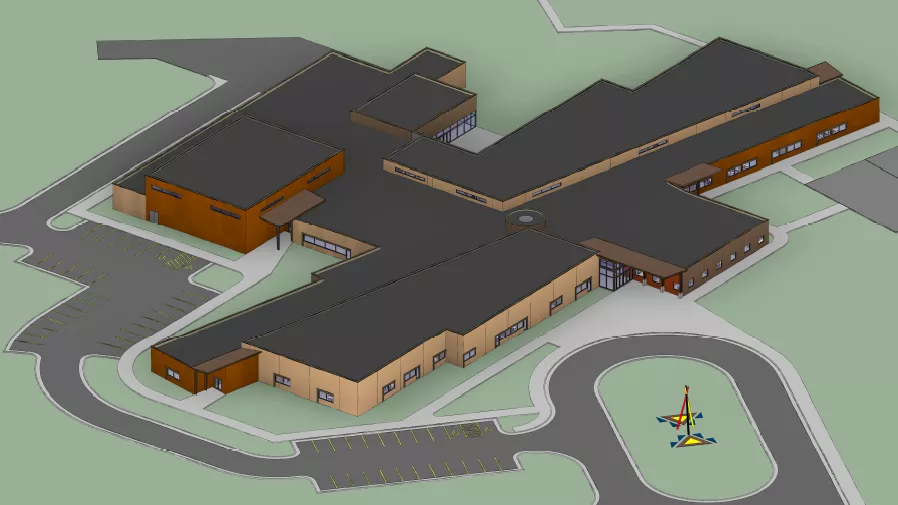 Aerial view of a design rendering for a Bureau of Indian Education school campus