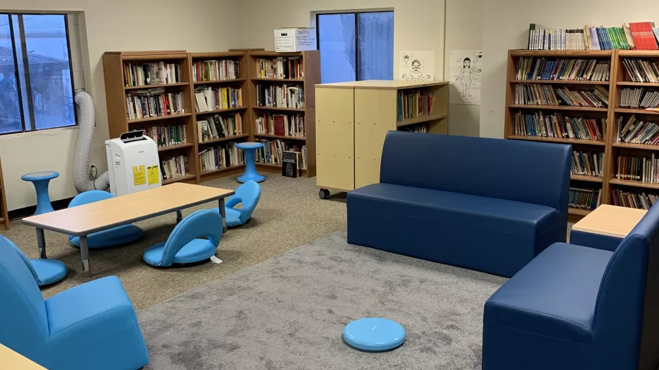 A library with bookshelves lining the walls and comfortable seating.